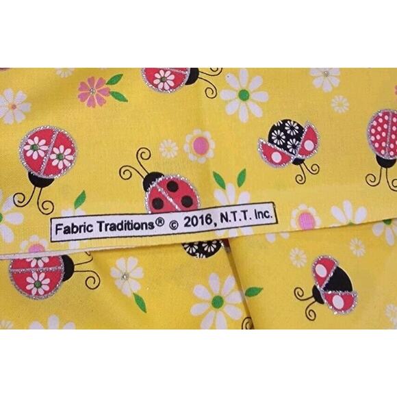 Cotton Ladybugs Beetles Flowers Silver Glitter Yellow Fabric Print 1yd 15in New - Picture 4 of 4